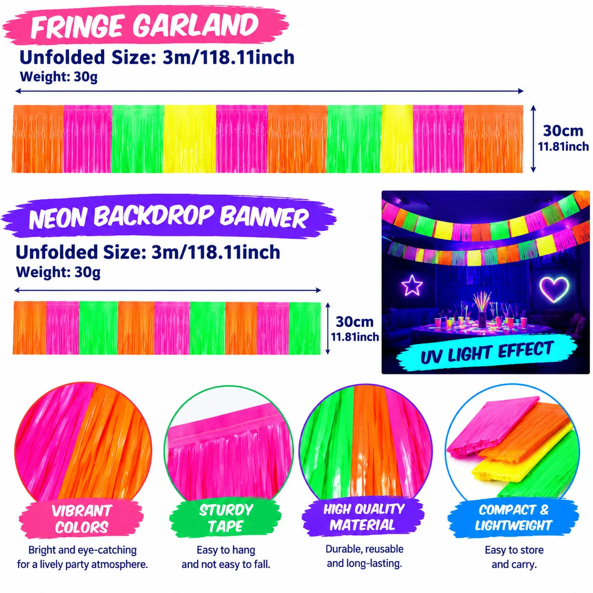Neon Glow Party Rain Curtain & Tassel Bunting Decoration Set Party Decoration Set PLUSH 30x300cm ROY 10PCS