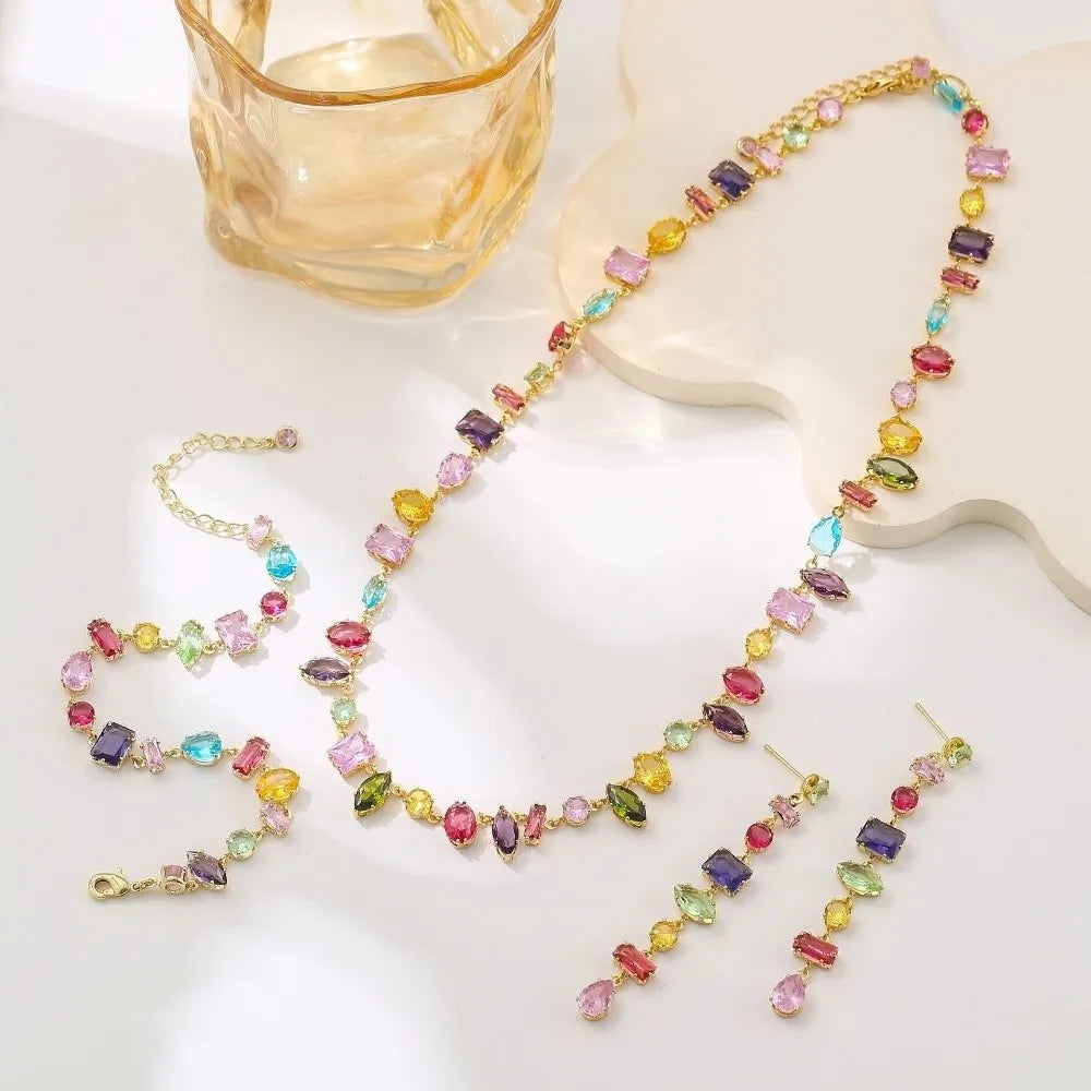 Colorful Zircon Crystal Necklace Bracelet & Earrings Set Crystal Jewelry Set PLUSH
