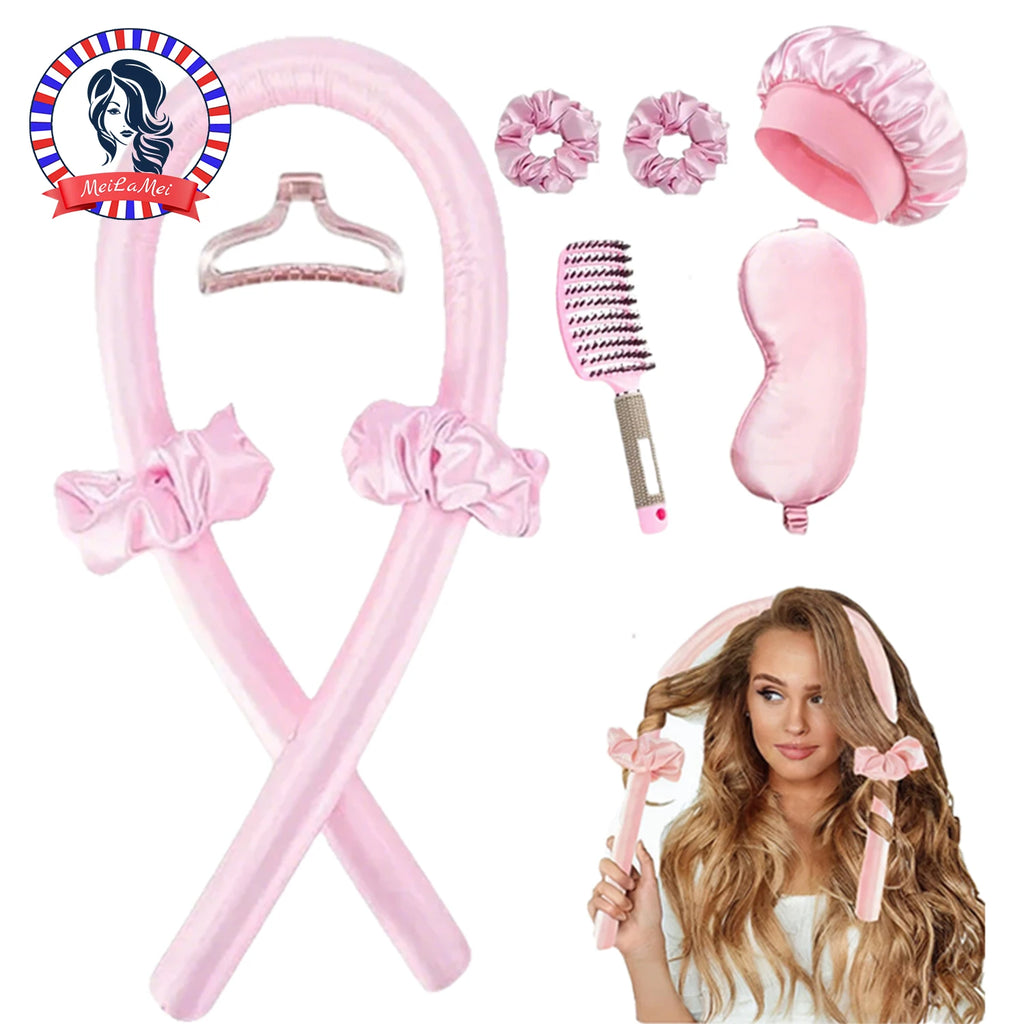 WANMEI Pink Heatless Curling Rods Set – 9pc Hair Styling Kit Heatless Hair Curlers PLUSH