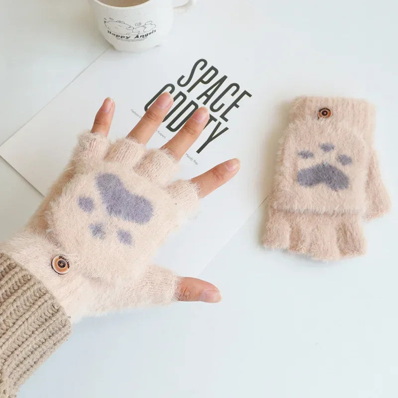 Winter Cat Paw Mittens – Convertible Flip Top Knit Gloves Convertible Winter Mittens PLUSH Beige 1Pair