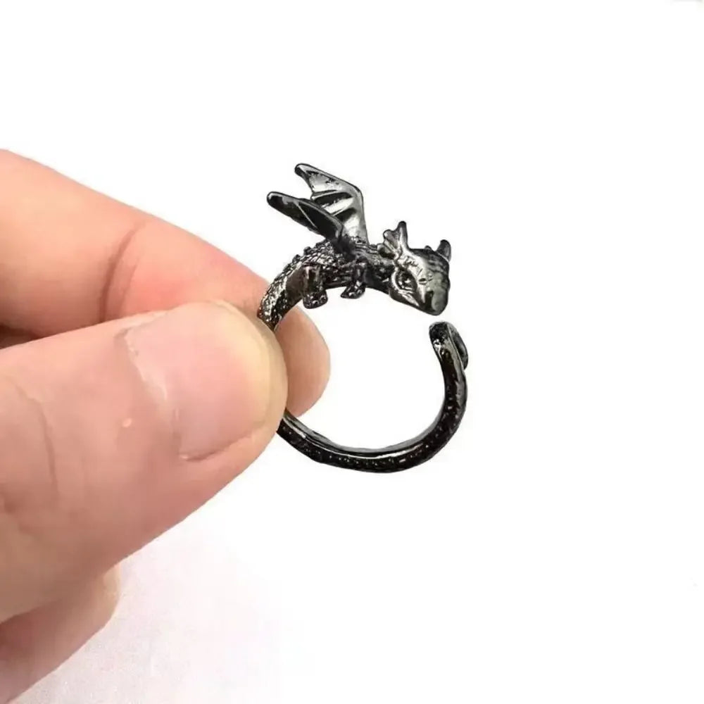 Vintage Dragon Adjustable Silver Ring – Retro Animal Jewelry Fashion Ring PLUSH Black