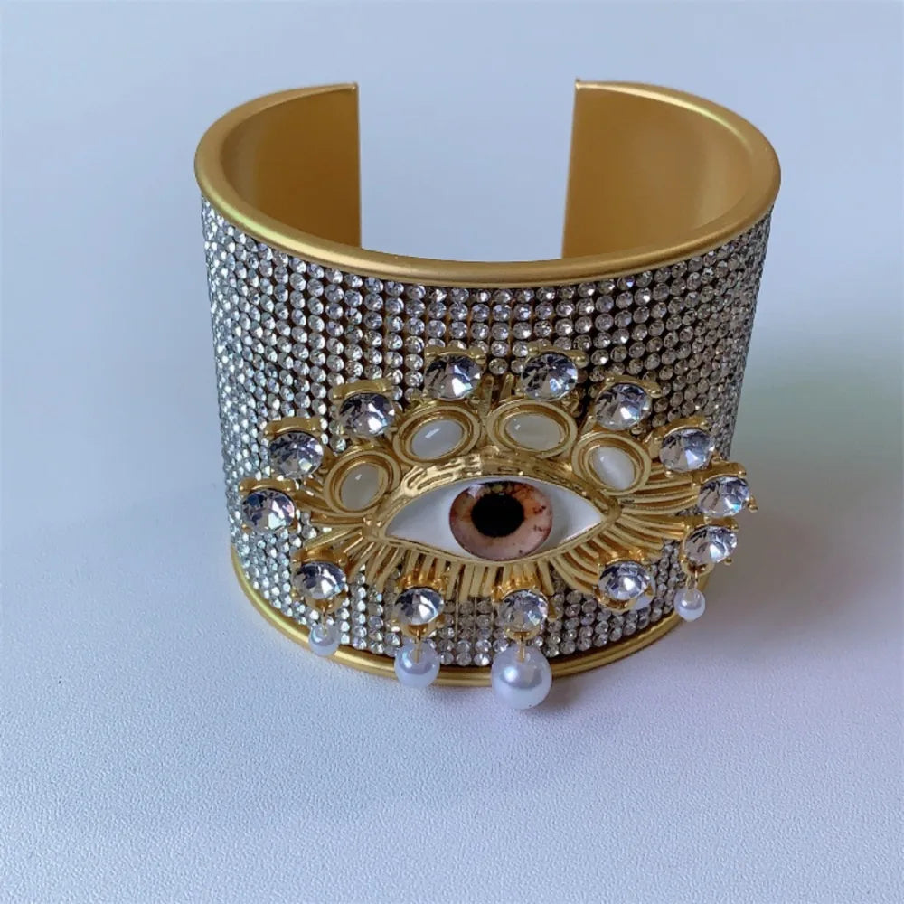 Rhinestone Demon Eye Wide Cuff Bangle – Punk Alloy Bracelet Cuff Bangle PLUSH Style 5 50-52mm WHITE