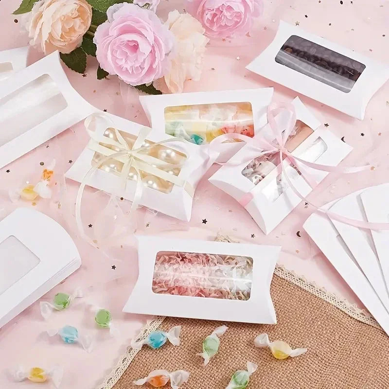 50pcs Paper Pillow Gift Boxes with Clear PVC Window | Candy & Jewelry Gift Packaging Boxes PLUSH