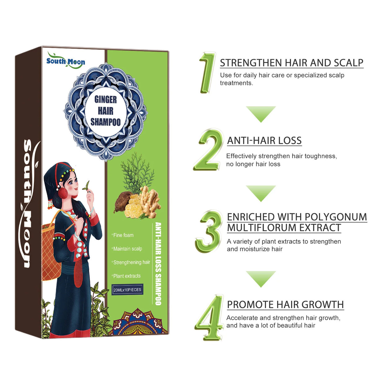South Moon Ginger Herbal Shampoo – Nourishing Scalp Care 10pcs Herbal Hair Shampoo PLUSH