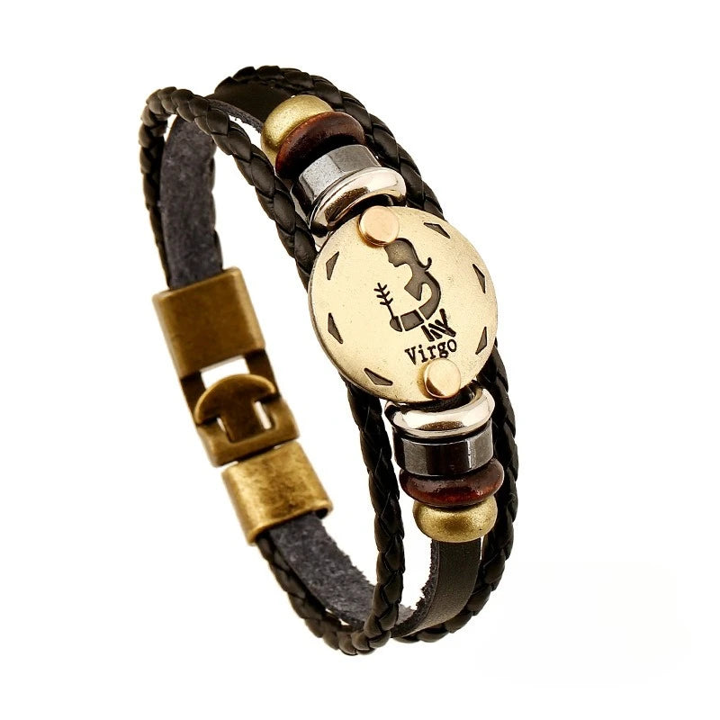 Retro Zodiac Constellation Leather Charm Bracelet – 12 Signs Leather Charm Bracelet PLUSH Virgo