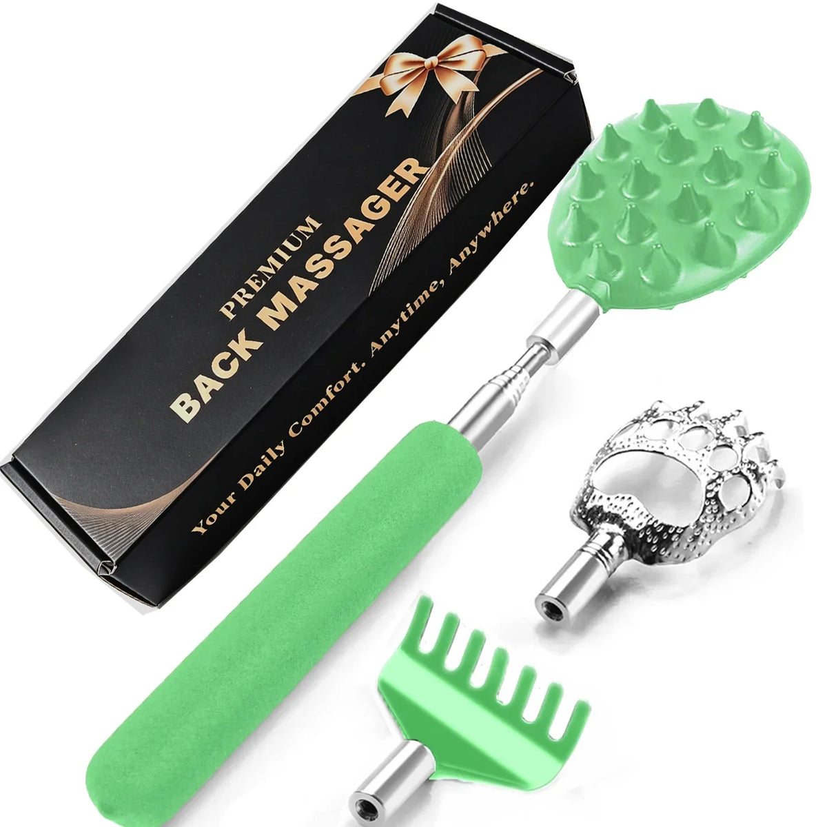 Telescoping Back Scratcher 3-in-1 Set – Extends to 32" Back Scratcher Tool PLUSH Green Set
