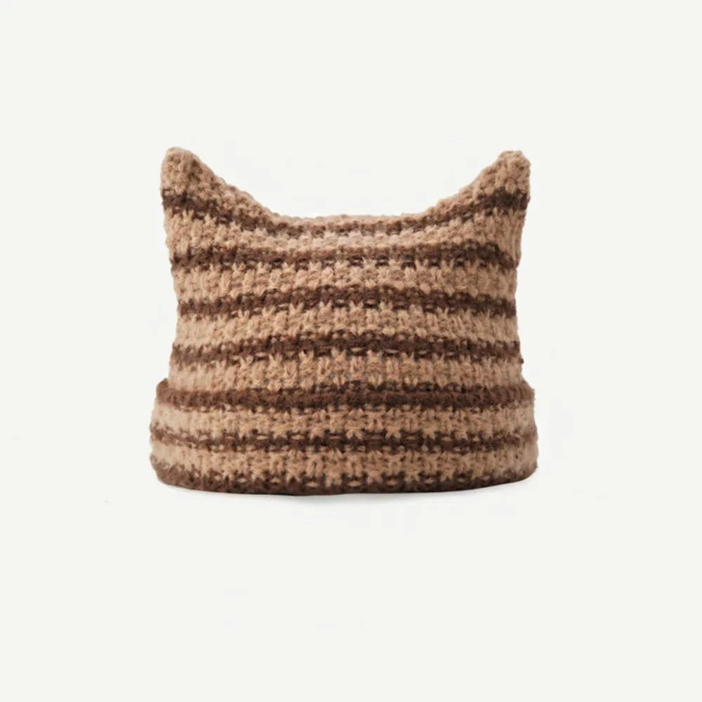 Y2K Cat Ears Beanie Hat – Striped Knit Crochet Pullover Knit Beanie Hat PLUSH Style 3