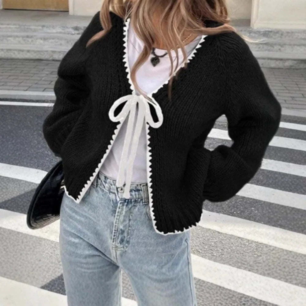 Women's Loose Fit V-Neck Knit Cardigan Sweater | Tie-Up Style Knit Cardigan Sweater PLUSH Black One Size