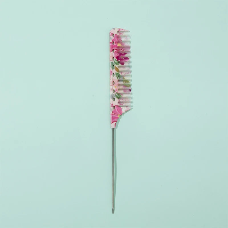 Anti-Static Rat Tail Combs – 8 Colorful Patterns | 1/3/8pcs Hair Styling Comb PLUSH Pink flower-B