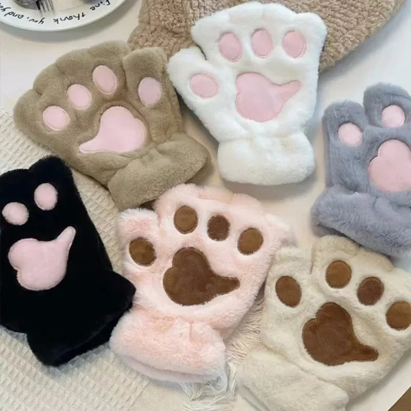 Fluffy Cat Paw Fingerless Gloves – Plush Animal Mittens Fingerless Plush Gloves PLUSH