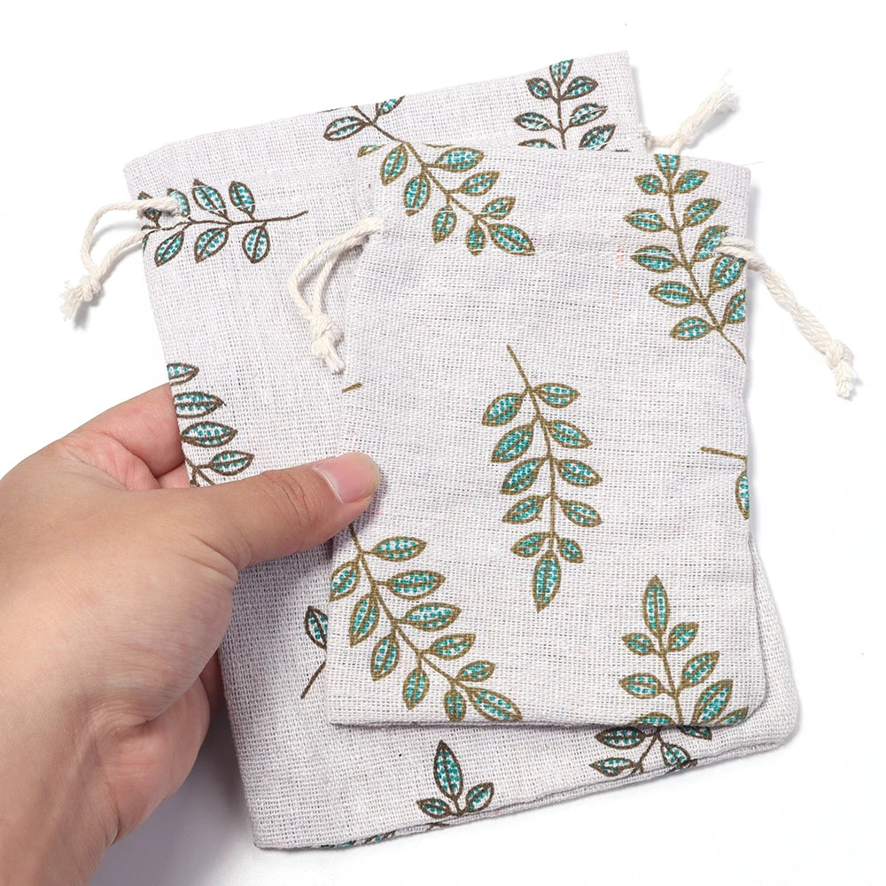 Green Leaf Cotton Linen Drawstring Pouches 5pcs – Gift Bags Drawstring Pouch Bags PLUSH