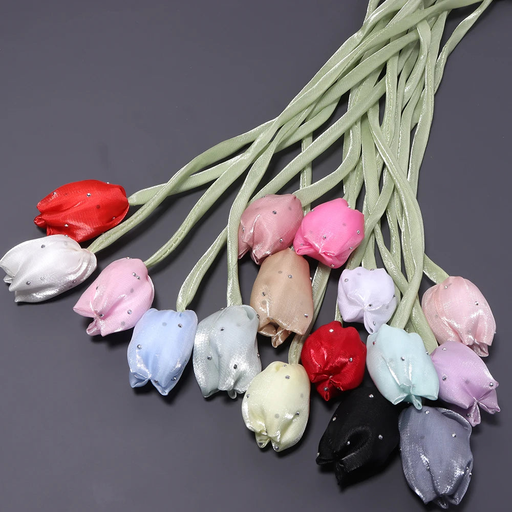 5pcs Satin Tulip Flower Strings Rhinestone DIY Hair & Garment Fabric Flower Trim PLUSH