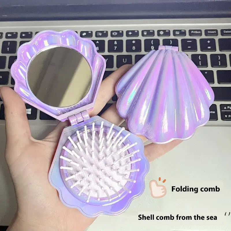 Shell Folding Airbag Hair Brush with Mirror – Anti-Static Comb Folding Hair Brush PLUSH