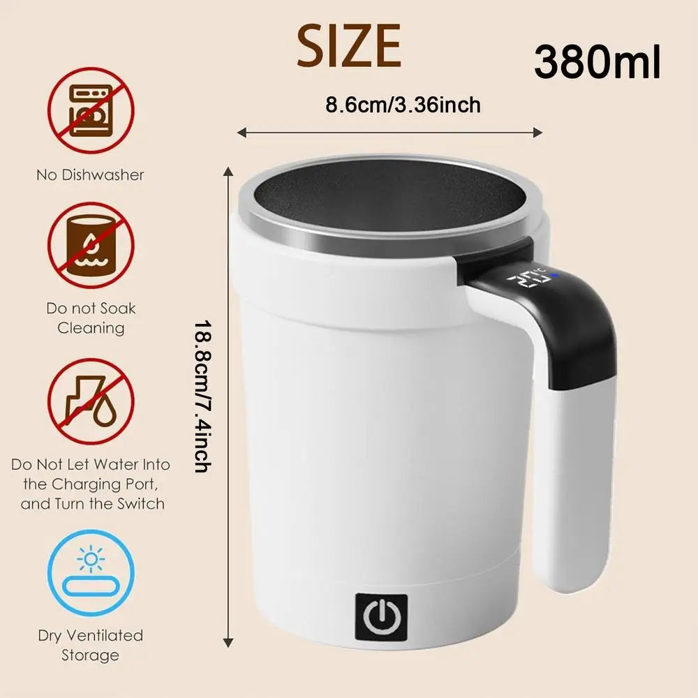 USB Self Stirring Coffee Mug 380ML | LCD Temp Display Self Stirring Mug PLUSH White