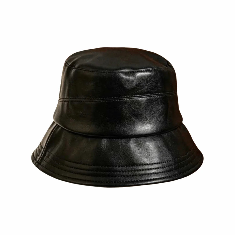 Women's PU Leather Wide Brim Bucket Hat – Packable Sun Hat Bucket Hat PLUSH Black