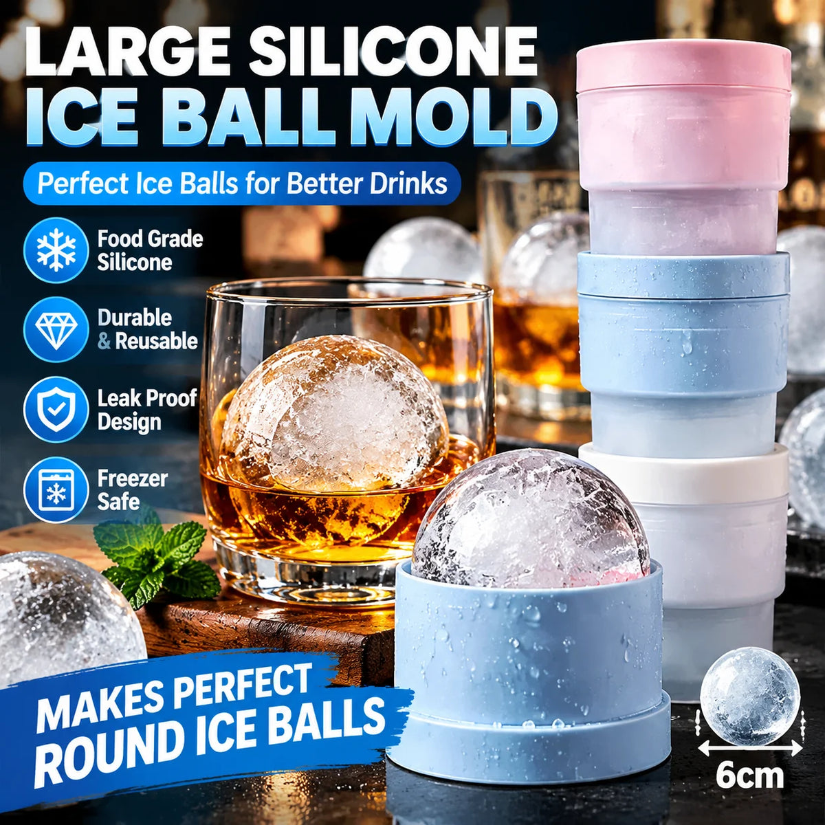 Silicone Ice Ball Mold – Round Ice Cube Tray for Whiskey Ice Ball Mold PLUSH