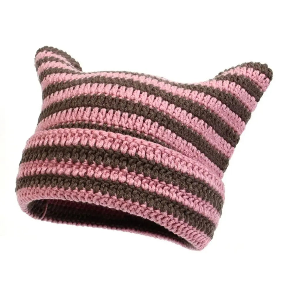 Y2K Cat Ears Beanie Hat – Striped Knit Crochet Pullover Knit Beanie Hat PLUSH