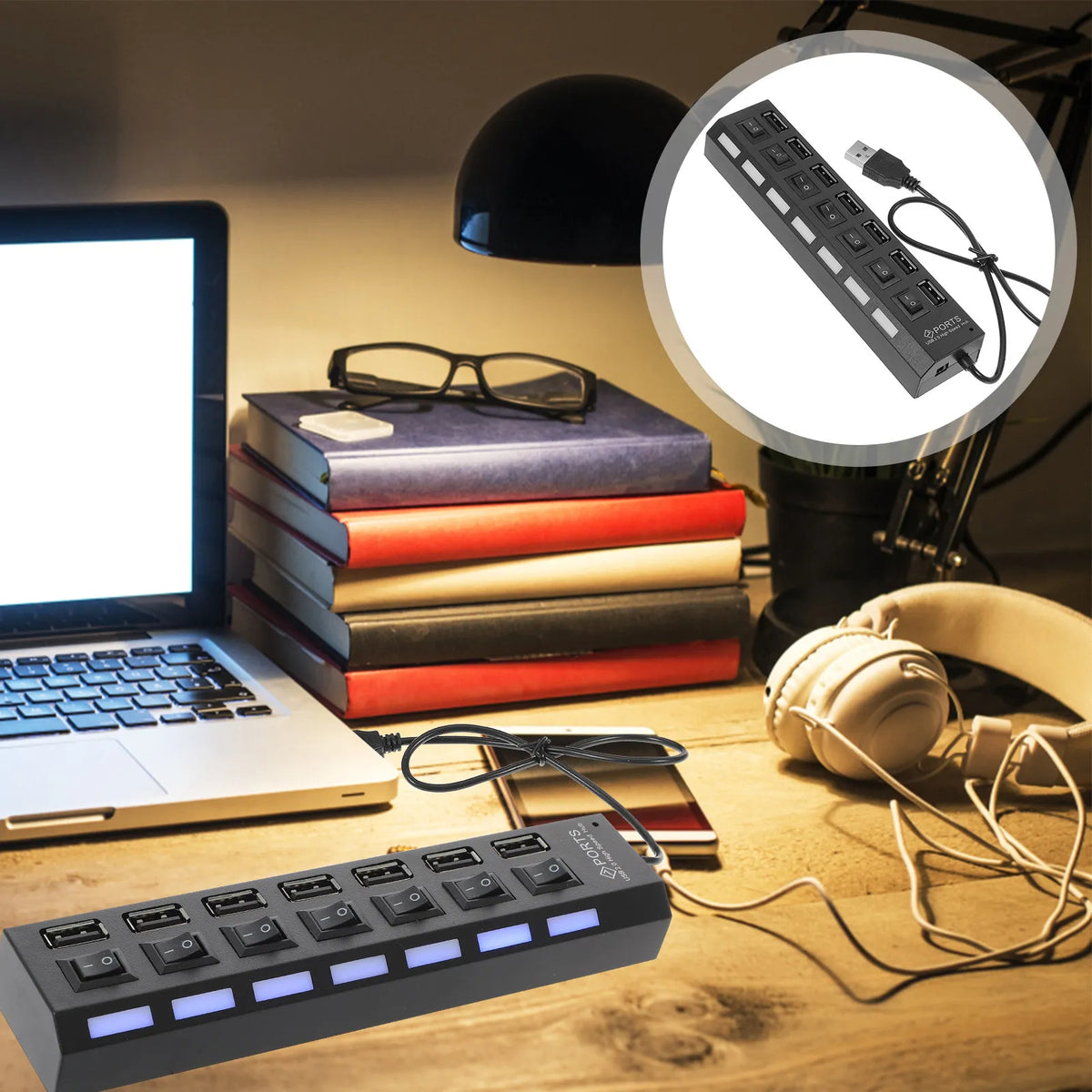 Foxnovo 7-Port USB 2.0 Hub with LED Indicators | Plug & Play USB Hub PLUSH Default Title