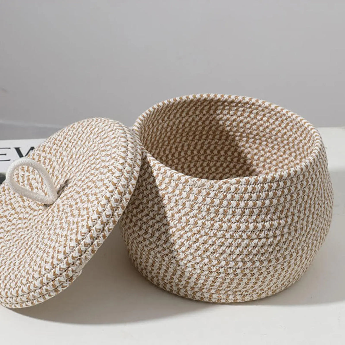 White Woven Cotton Rope Storage Basket with Lid | 21x21cm Woven Storage Basket PLUSH