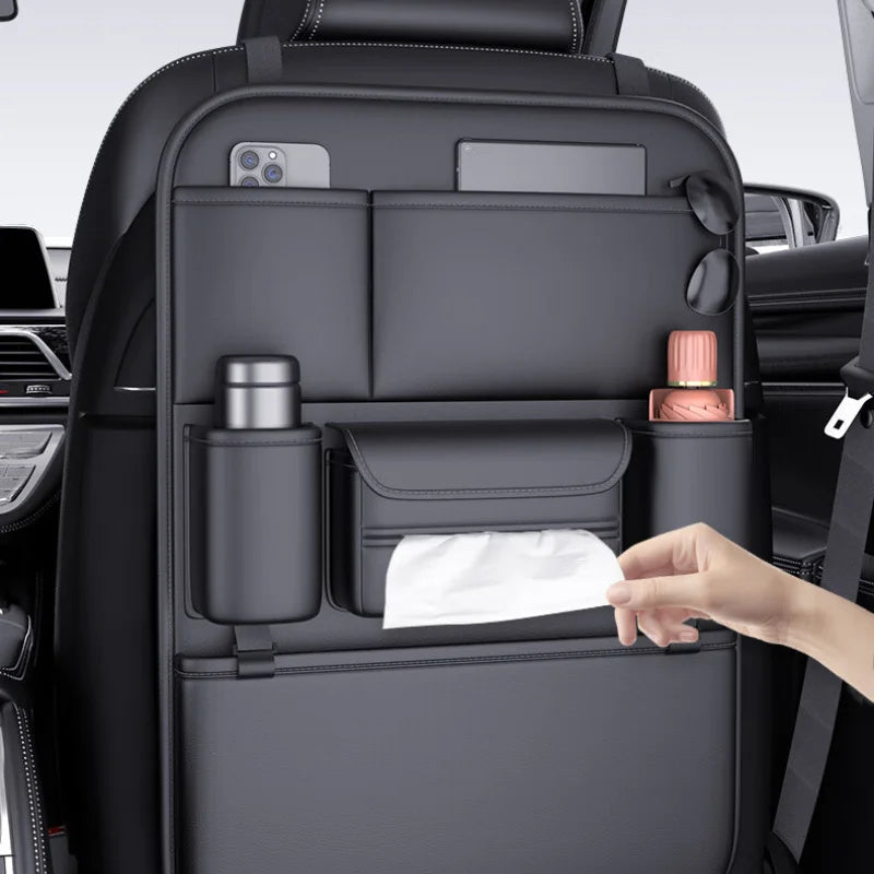 Luxury Faux Leather Car Seat Organizer – Multi-Pocket Black Car Seat Organizer PLUSH