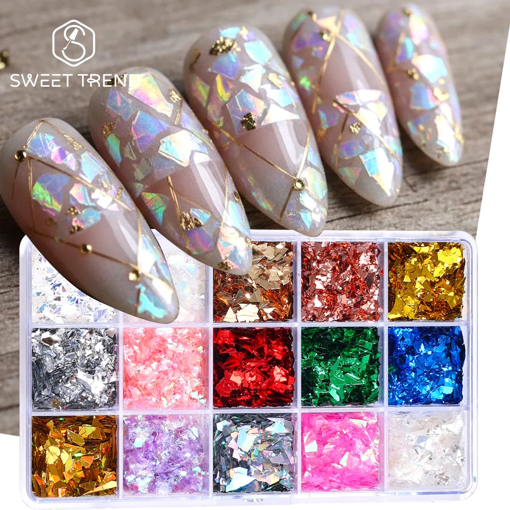15-Grid Iridescent Broken Glass Nail Glitter Flakes | Aurora Sequins Nail Art Glitter PLUSH