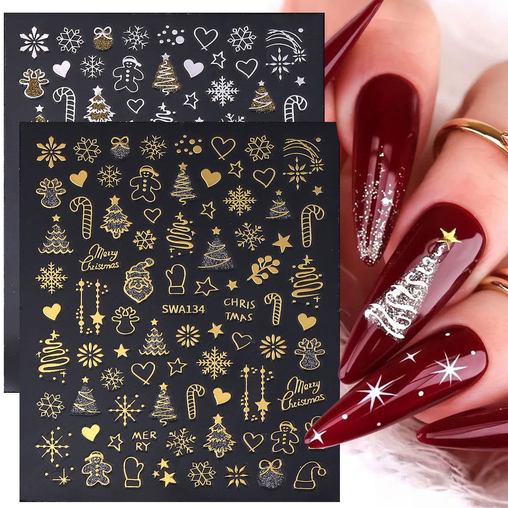 Christmas 3D Nail Stickers Gold Silver Glitter Xmas Decals 2pcs Nail Art Stickers PLUSH