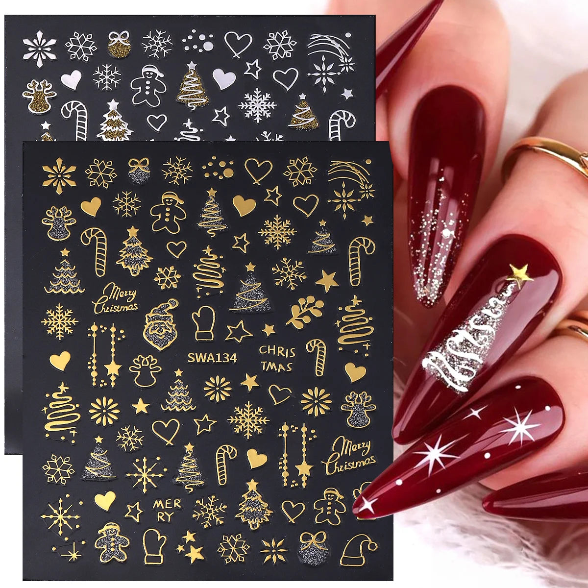 Christmas 3D Nail Stickers Gold Silver Glitter Xmas Decals 2pcs Nail Art Stickers PLUSH