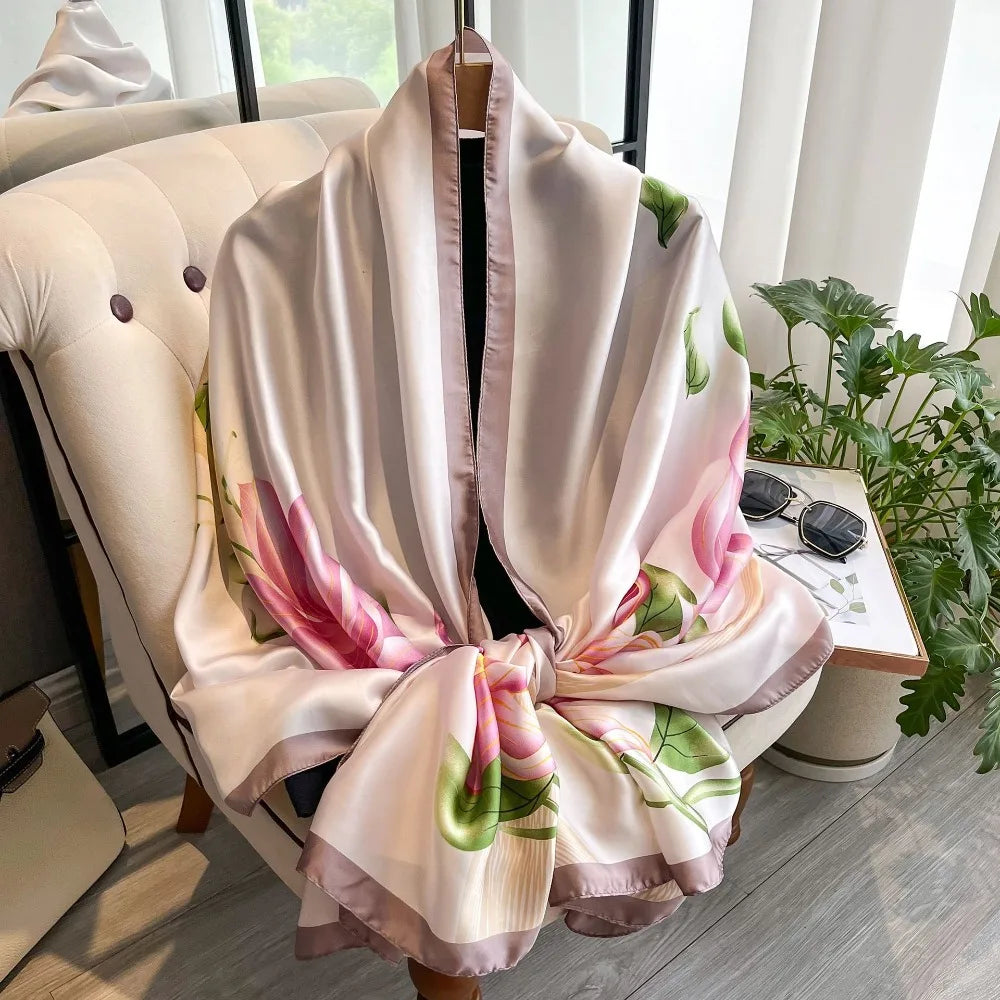 Women's Silk Chiffon Scarf – Lotus Print Shawl Wrap | 180cm Silk Chiffon Scarf PLUSH Style17