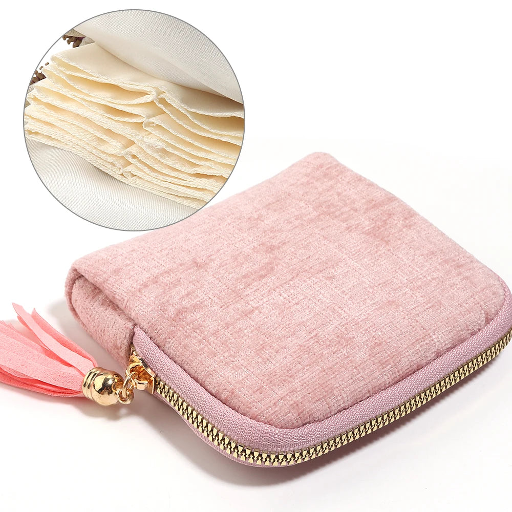 Velvet Jewelry Pouch 6-Layer Storage Bag with Tassel | Travel Jewelry Storage Pouch PLUSH pink