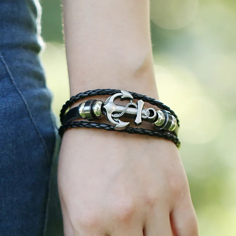 Vintage Anchor Braided Leather Bracelet for Men | CHROMSTICA Leather Charm Bracelet PLUSH
