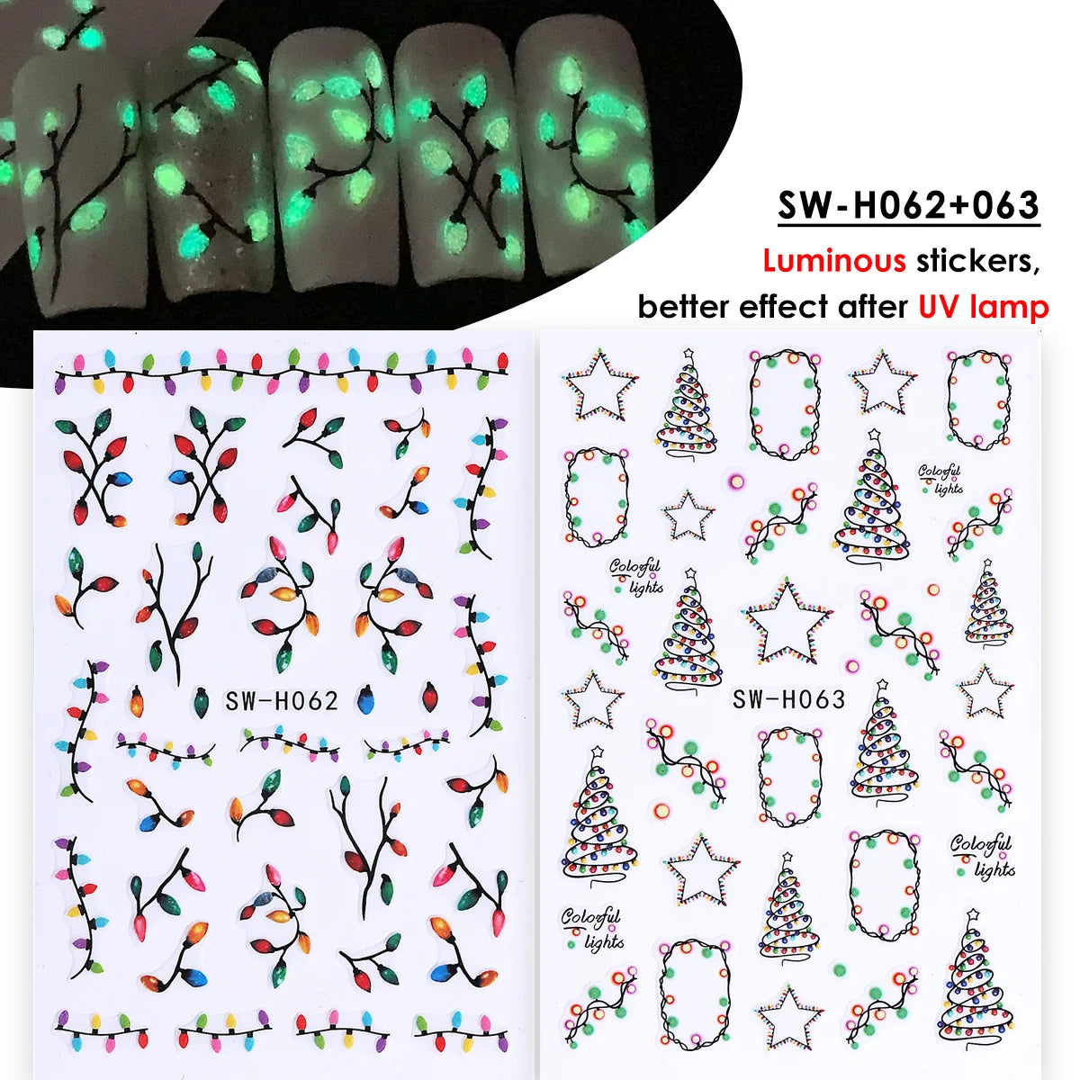 Glow in the Dark Christmas Nail Stickers – Xmas Tree Decals Nail Art Stickers PLUSH SW-H062 063