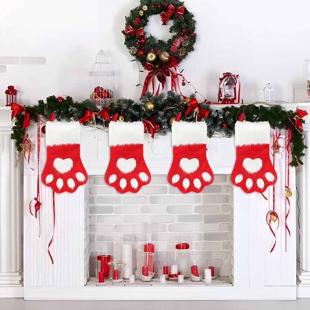 Christmas Dog Paw Fuzzy Stocking – Red Velvet Gift Bag Décor Christmas Stocking PLUSH