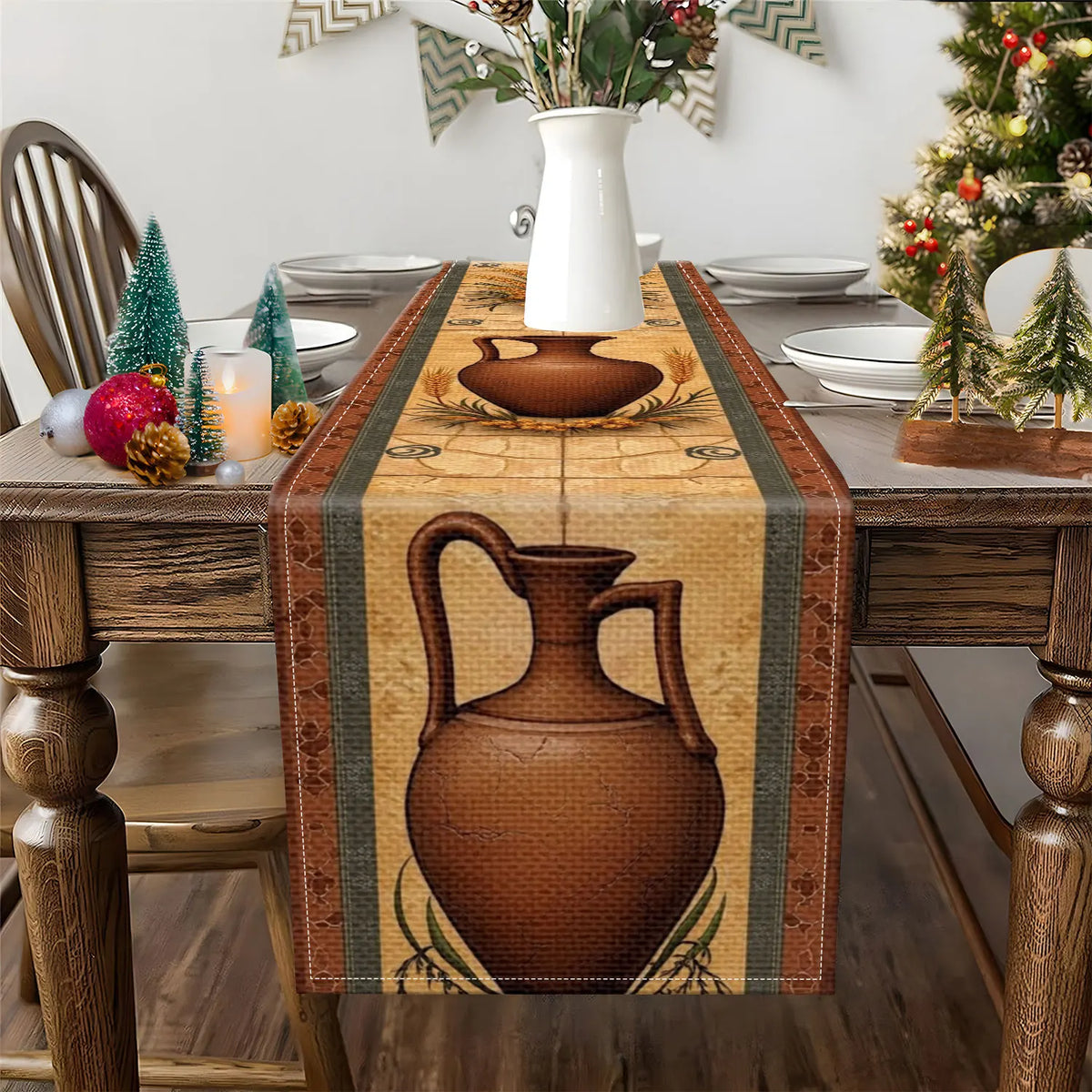 Vintage Clay Pot Table Runner – Autumn & Pastoral Home Décor Table Runner PLUSH