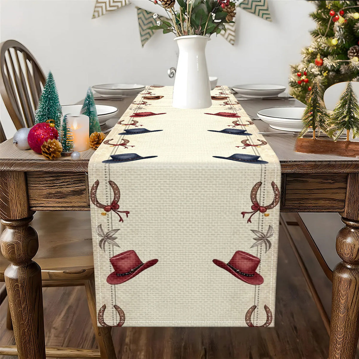 Western Cowboy Table Runner – Hats & Horseshoe Print Décor Table Runner PLUSH