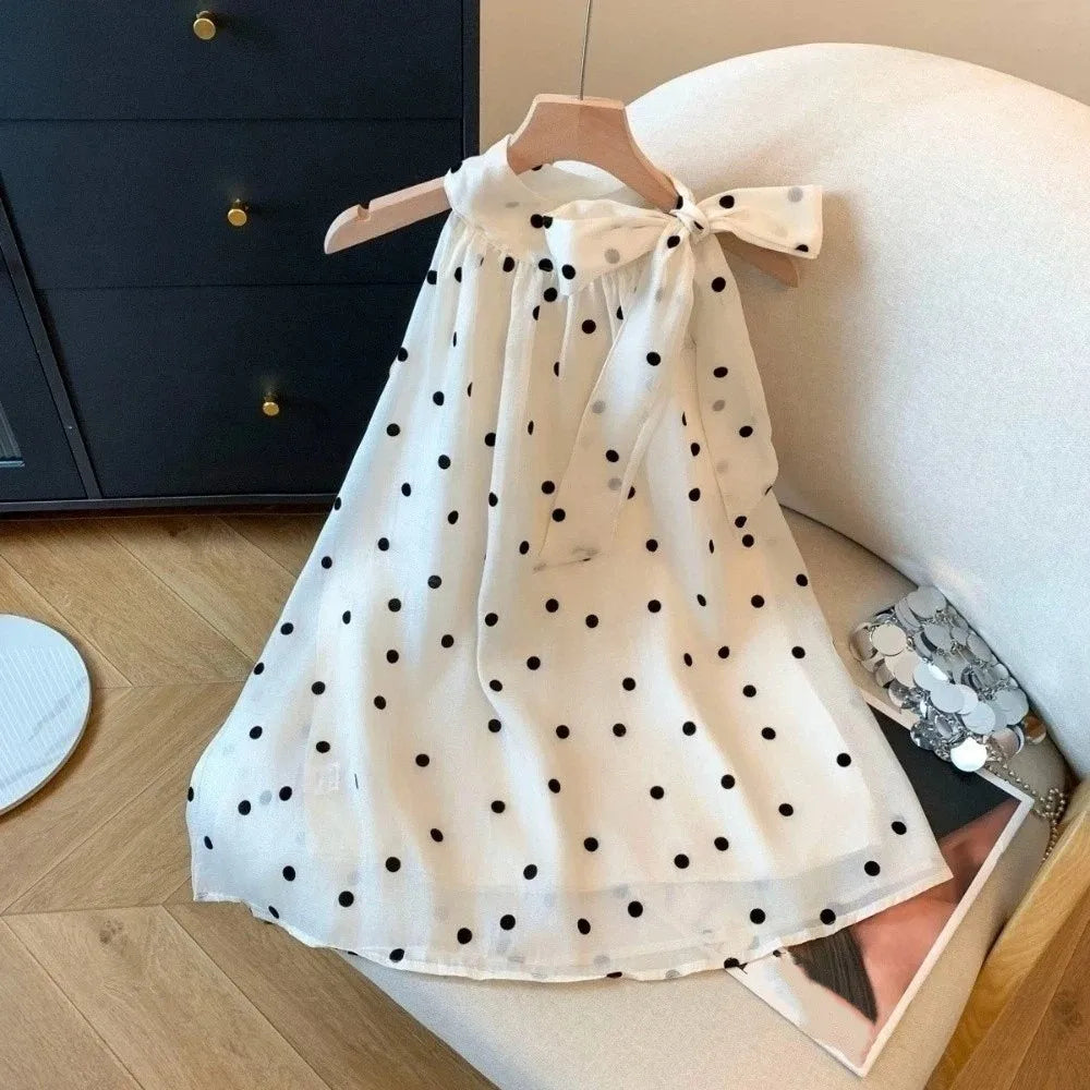Women's Y2K Polka Dot Bow Sleeveless Chiffon Top | Retro Shirt Sleeveless Chiffon Top PLUSH