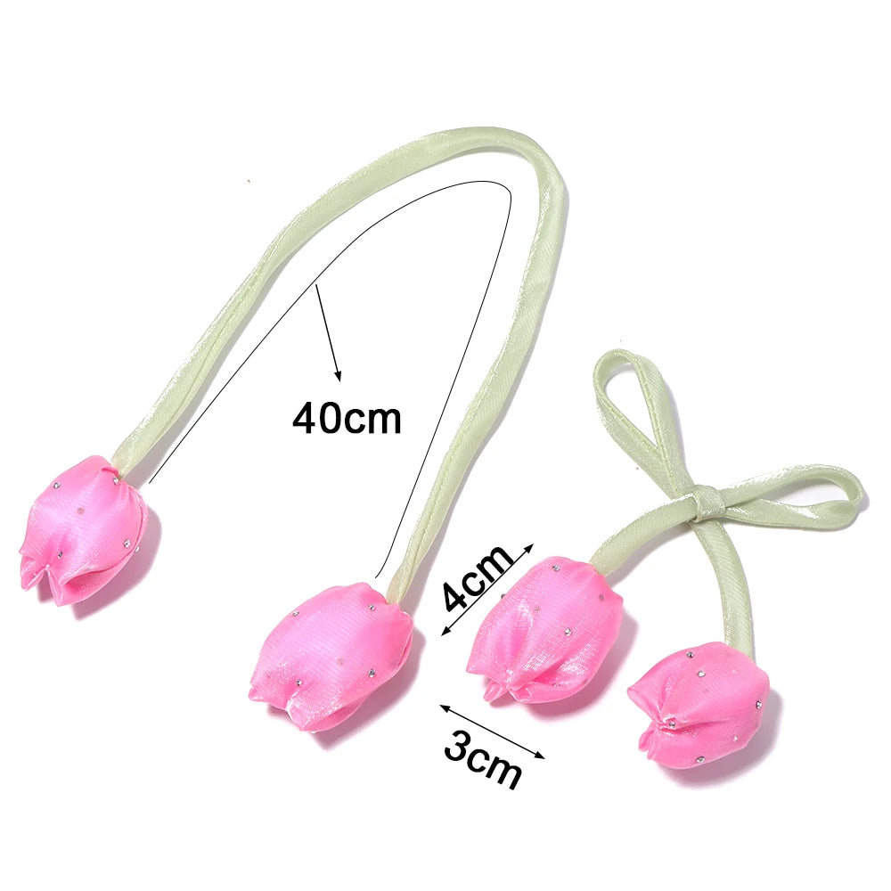 5pcs Satin Tulip Flower Strings Rhinestone DIY Hair & Garment Fabric Flower Trim PLUSH