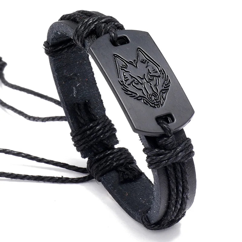 Viking Wolf Head Braided Leather Bracelet – Adjustable Unisex Charm Bracelet PLUSH Black 2