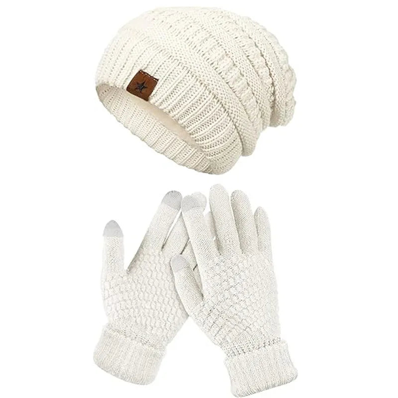Women's Fleece Lined Knit Beanie Hat & Mittens Set Winter Accessory Set PLUSH White Set