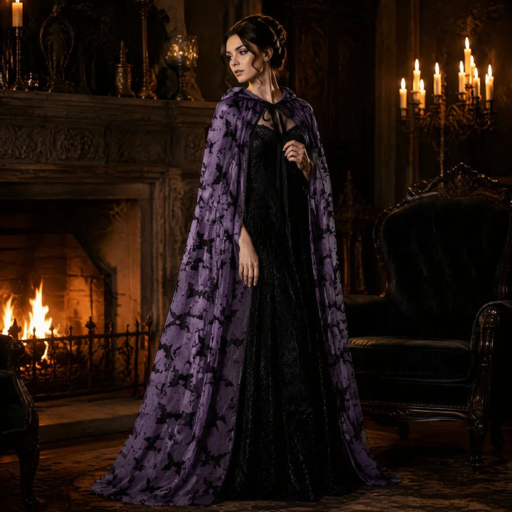 Halloween Hooded Bat Cape – Long Black Mesh Cloak for Women Halloween Costume Cape PLUSH