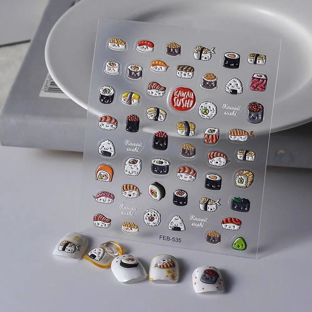 Cute Sushi 3D Embossed Nail Stickers – Waterproof DIY Nail Art 3D Nail Stickers PLUSH