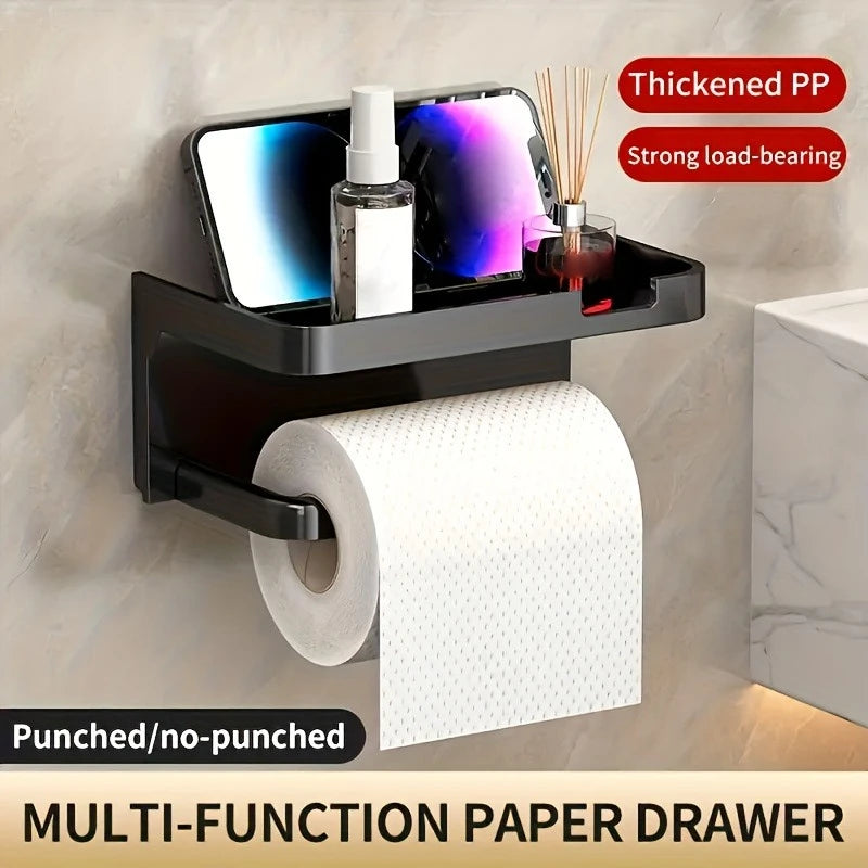 Wall-Mounted Toilet Paper Holder & Storage Rack – Black Toilet Paper Holder PLUSH