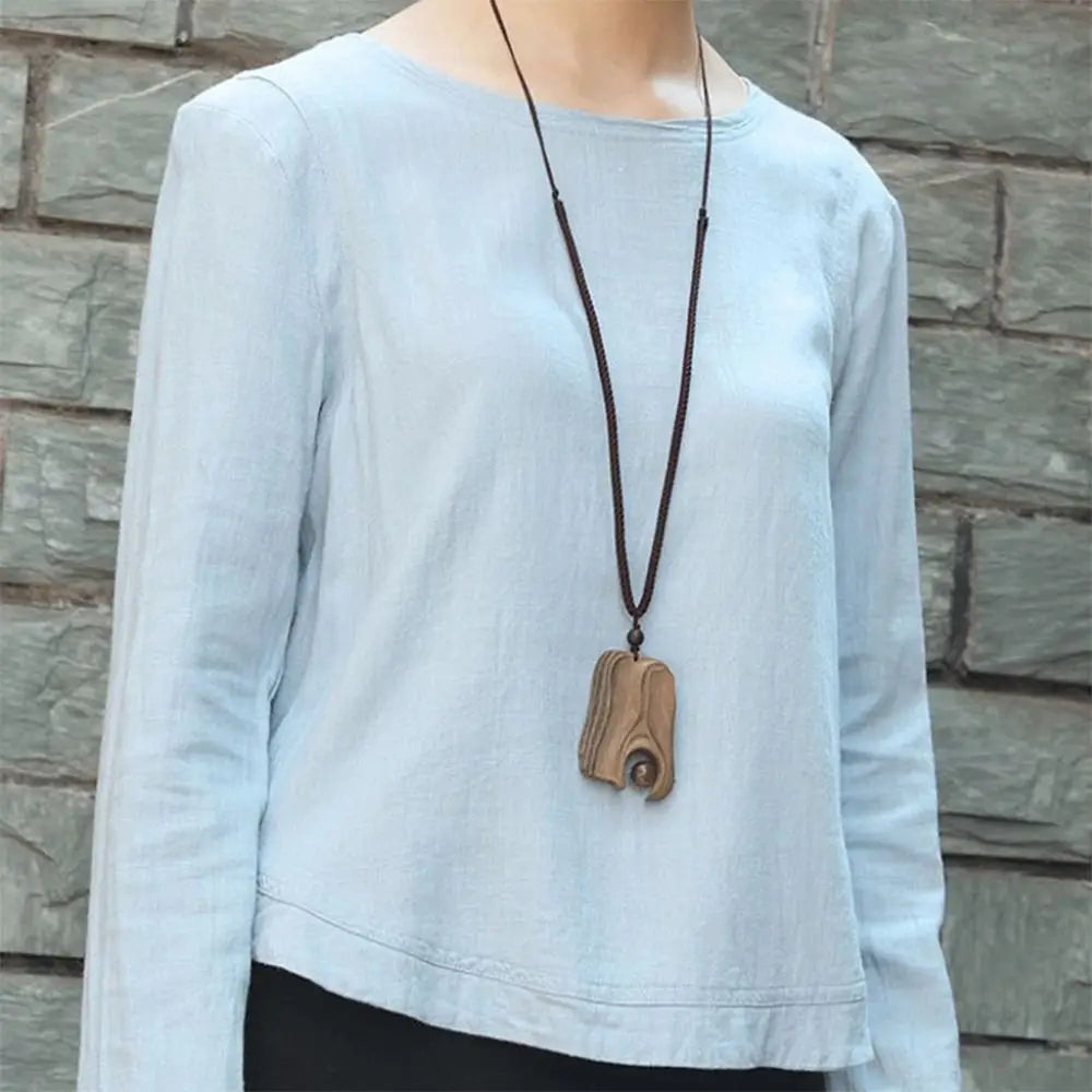 Boho Ethnic Stone Pendant Long Wooden Bead Sweater Necklace Boho Pendant Necklace PLUSH