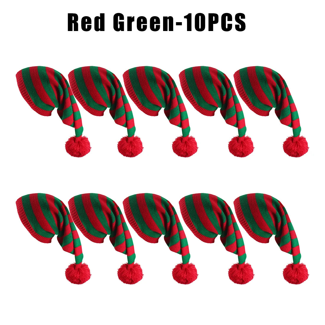 Winter Long Tail Elf Hat Christmas Knit Pom Pom Santa Hat Christmas Elf Hat PLUSH as show Red Green 10PC