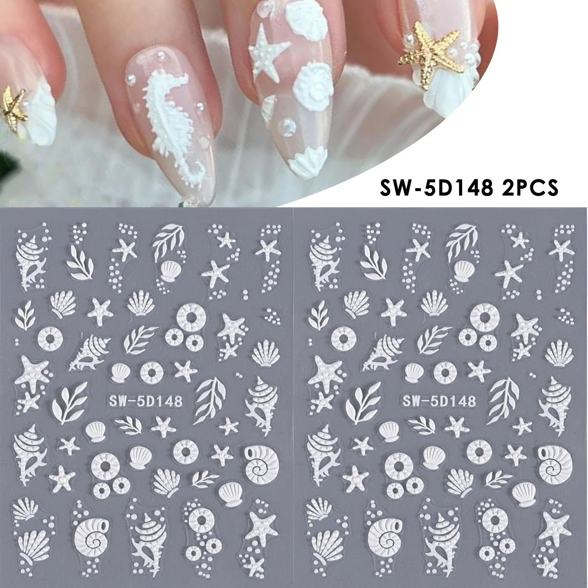 5D Ocean Embossed Nail Stickers – Starfish & Seashell Decals 2pk Nail Art Stickers PLUSH SW-5D148 2PCS