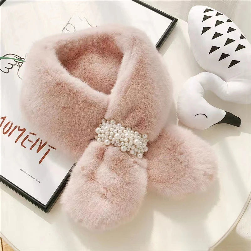 Women's Faux Rabbit Fur Scarf with Pearl Accents | Neck Warmer Faux Fur Scarf PLUSH Pink 1PC