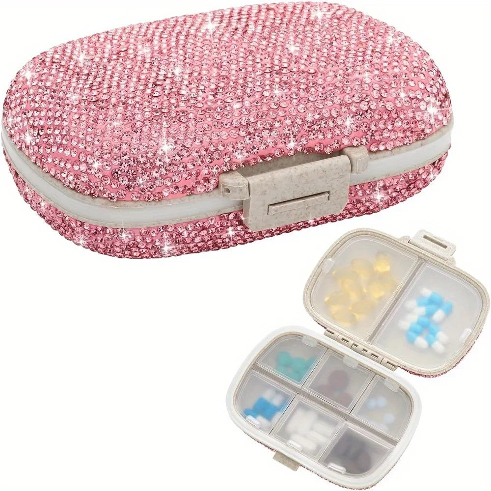 Bling Rhinestone Pill Organizer – 8-Compartment Travel Pill Box Pill Organizer PLUSH Pink