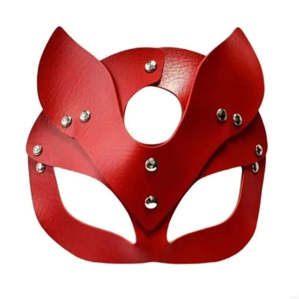 Punk PU Leather Half Face Mask | Animal Ears Masquerade Mask Costume Face Mask PLUSH S Red
