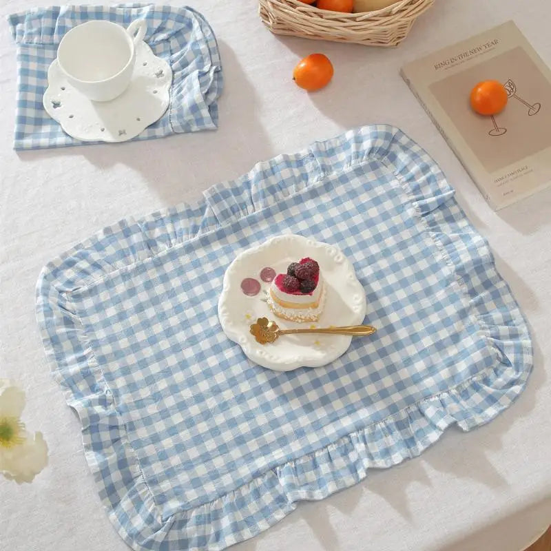 Pink Blue Stripe Ruffle Placemats – Stylish Dining Table Set Decorative Placemat PLUSH A2 1pcs