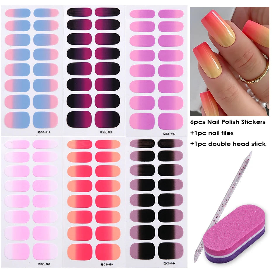 6pcs Ombre Gel Nail Stickers Pink Blue Gradient Full Cover Set Nail Art Stickers PLUSH CS-TZ012-6 T08