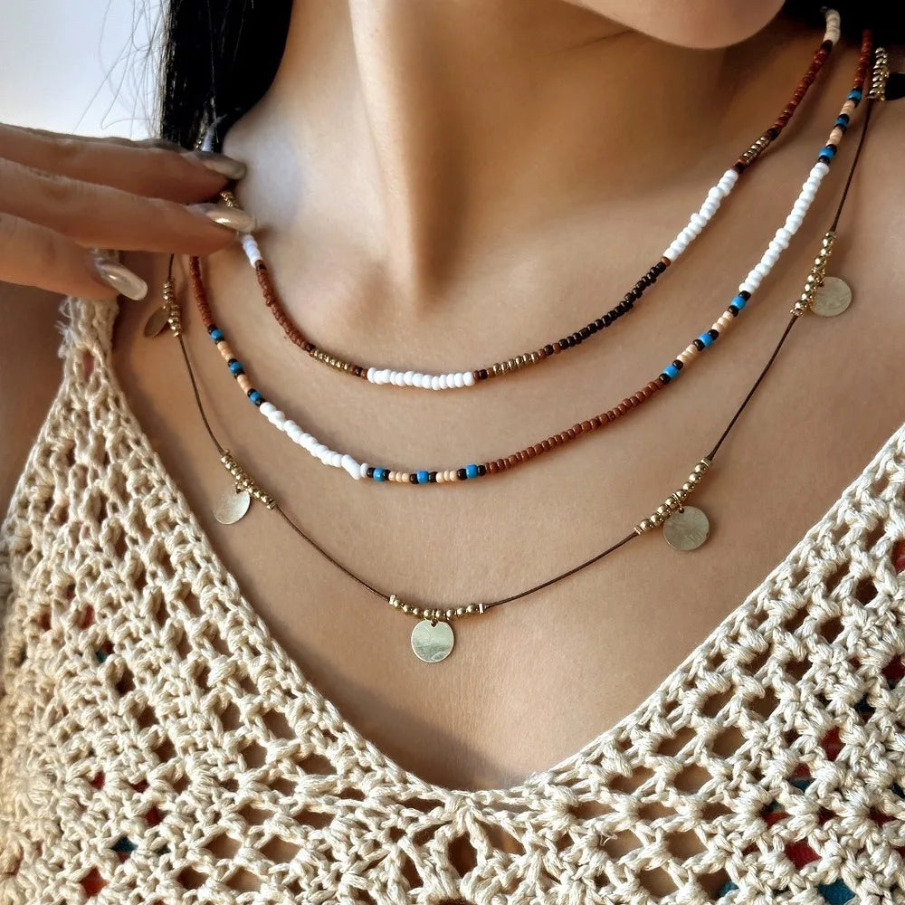 Bohemian Multi-Layer Bead Necklace – Brown Clavicle Chain Beaded Necklace PLUSH